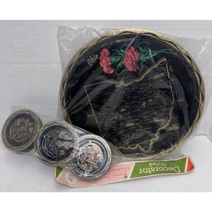 Vtg Ohio 11" Round Tray & 6 Coasters Scarlet Carnation Metal Souvenir NOS